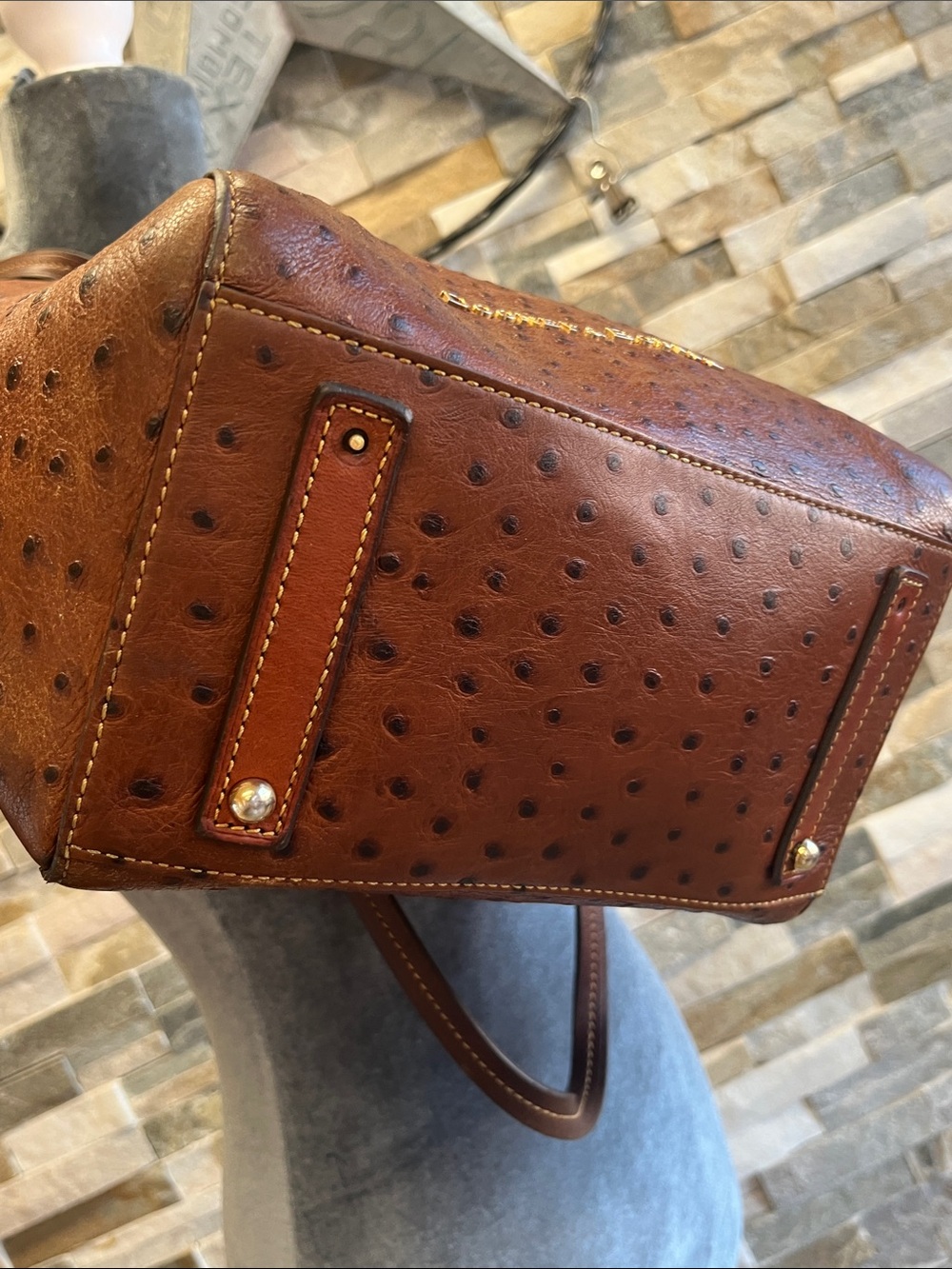 Dooney & Bourke Brown Ostrich-Embossed Leather Tote with Tassel - Picture 8 of 16